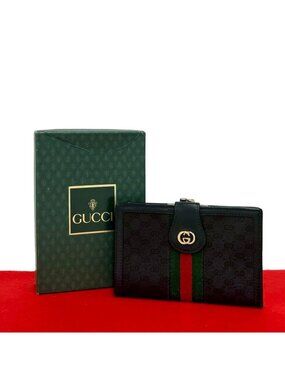 Gucci Vintage Sherry Line Micro GG Logo Leather Clasp Bifold Wallet Black